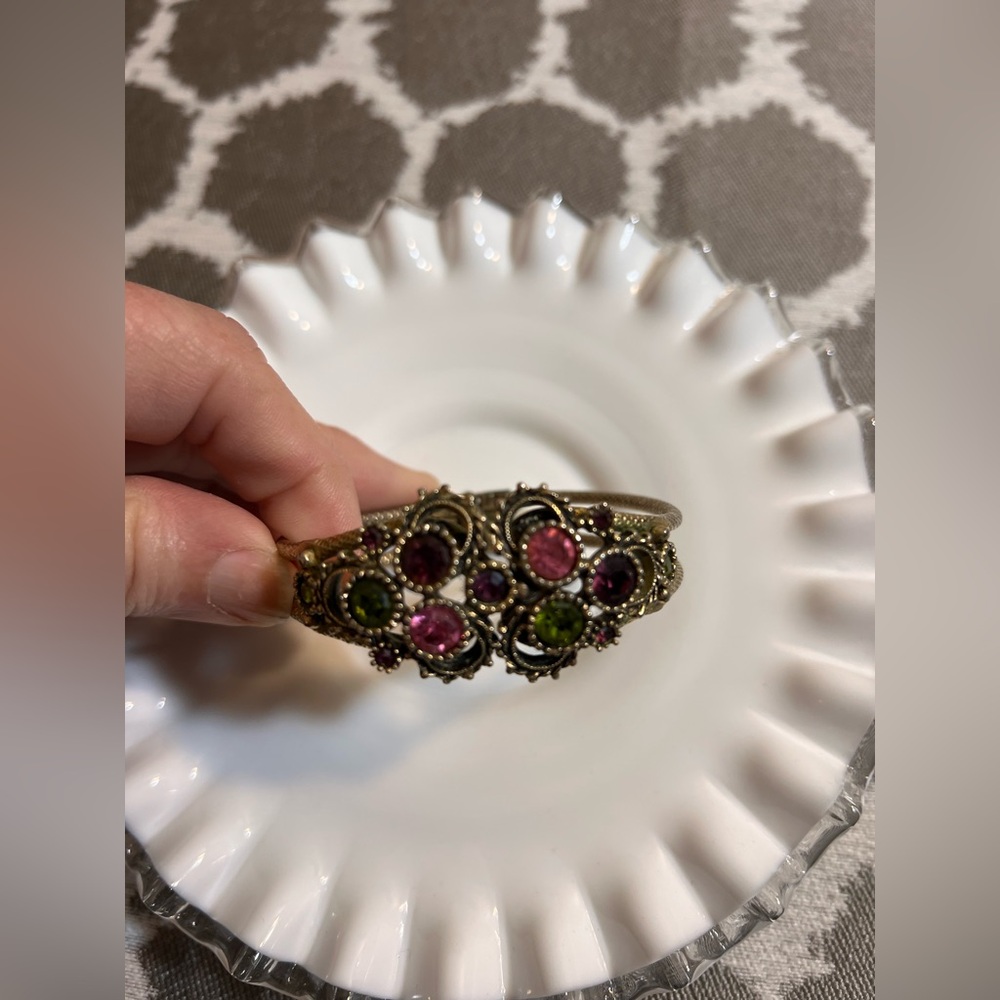 Goldtone Cuff Bracelet Victorian Coventry Vintage Multi Color Stone signed